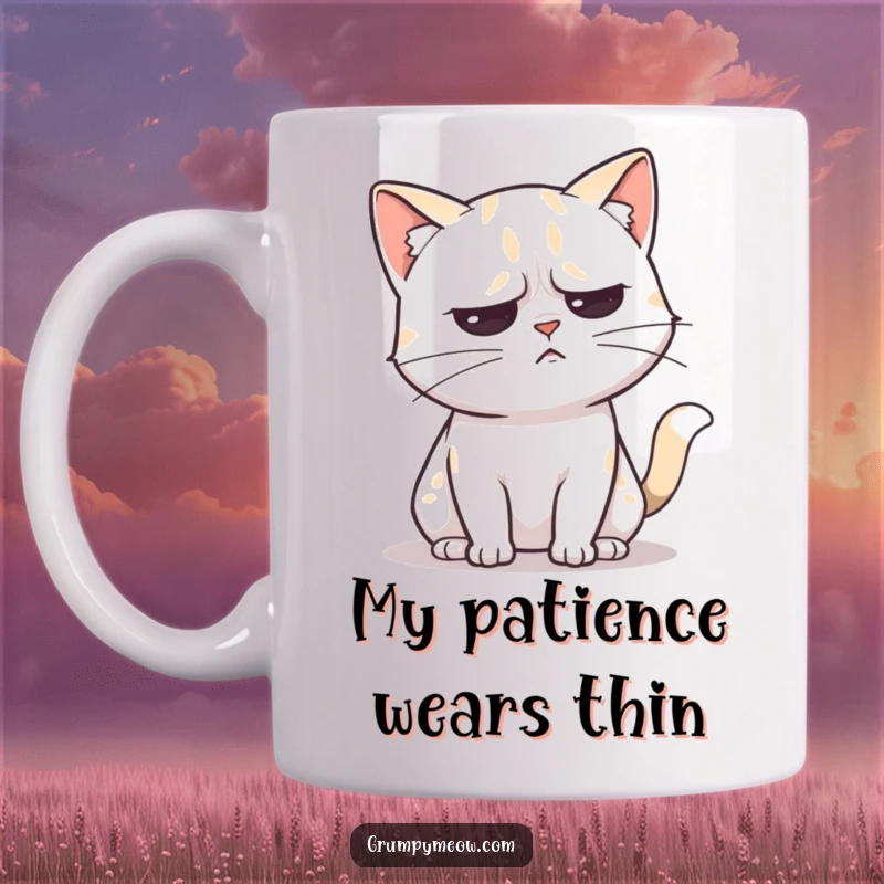 Funny mug featuring an unimpressed cat slowly flicking its tail with mild annoyance, conveying subtle feline displeasure.