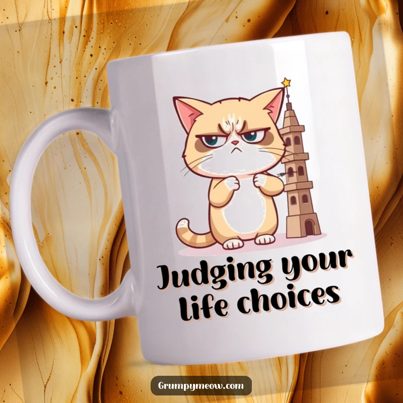 Funny mug featuring a grumpy cat giving a sideways, judgmental glance at a precariously wobbly tower, exuding skepticism and disapproval.