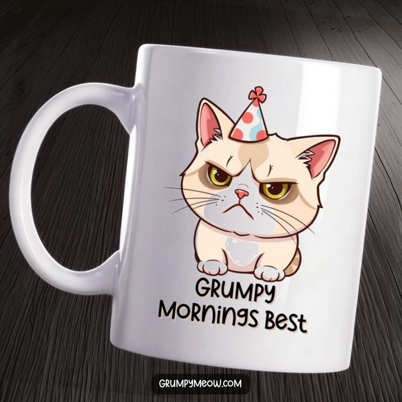 Funny mug featuring a grumpy cat comically wearing a tiny, askew party hat, conveying relatable party reluctance.