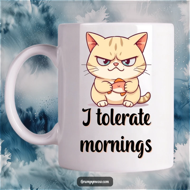 Funny mug featuring a grumpy cat with a sly smirk, proudly holding a tiny, glistening fish.