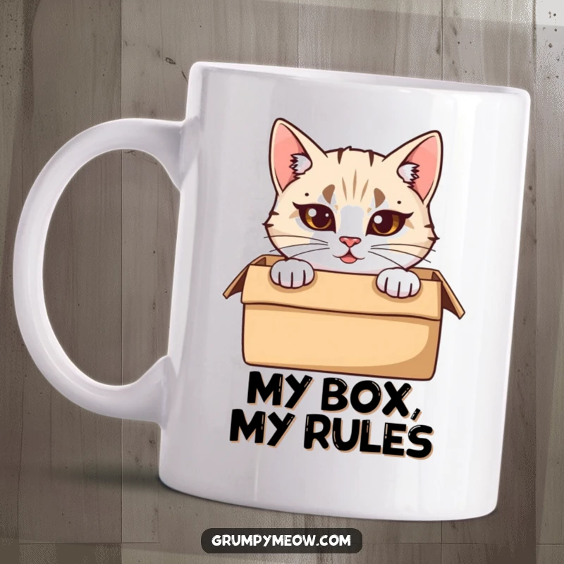 Funny Mug: A cat with furrowed brows peeks out from a cardboard box, creating a humorous and intriguing scene.