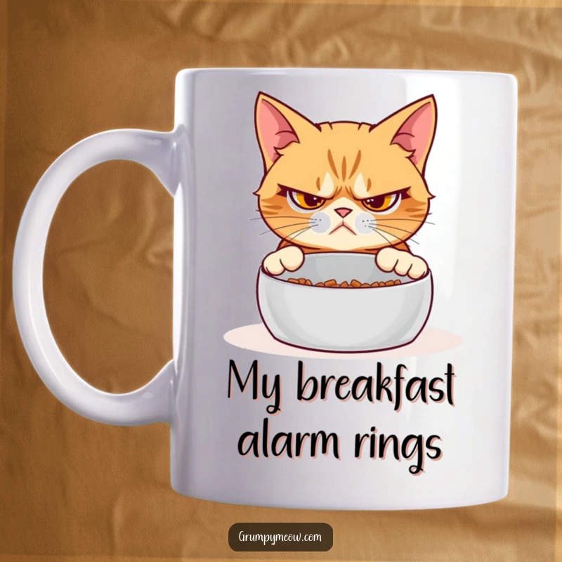 Funny grumpy cat mug, skeptical expression, staring intently at an empty food bowl, expecting immediate replenishment, perfect gift.