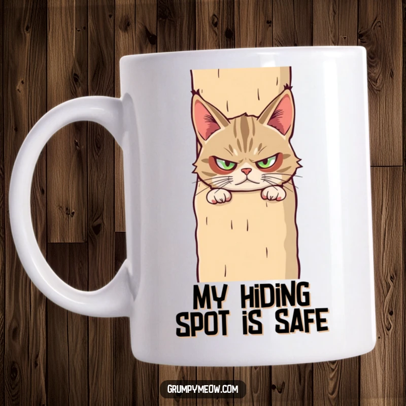 Funny mug with a grumpy cat peeking suspiciously from behind a ridiculously large scratching post, conveying mock paranoia.