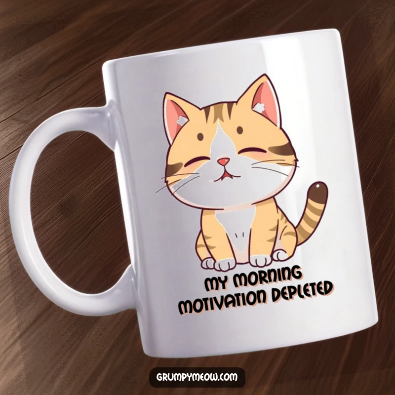 Funny cat mug featuring a cat sighing dramatically, exhaling a puff of air, conveying deep feline weariness and humor.