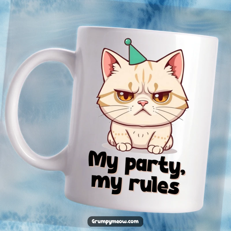Funny mug with a disgruntled cat wearing a tiny, ill-fitting party hat, showcasing its displeasure.