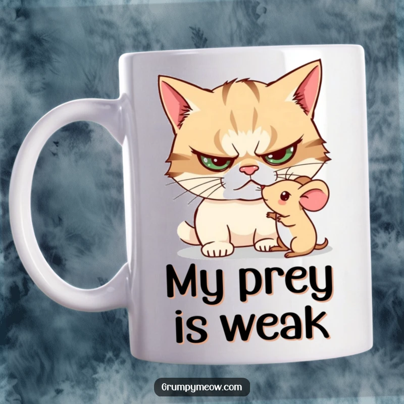 Funny mug showing a grumpy cat poking a terrified toy mouse with one paw, expressing its curious and slightly sinister nature.