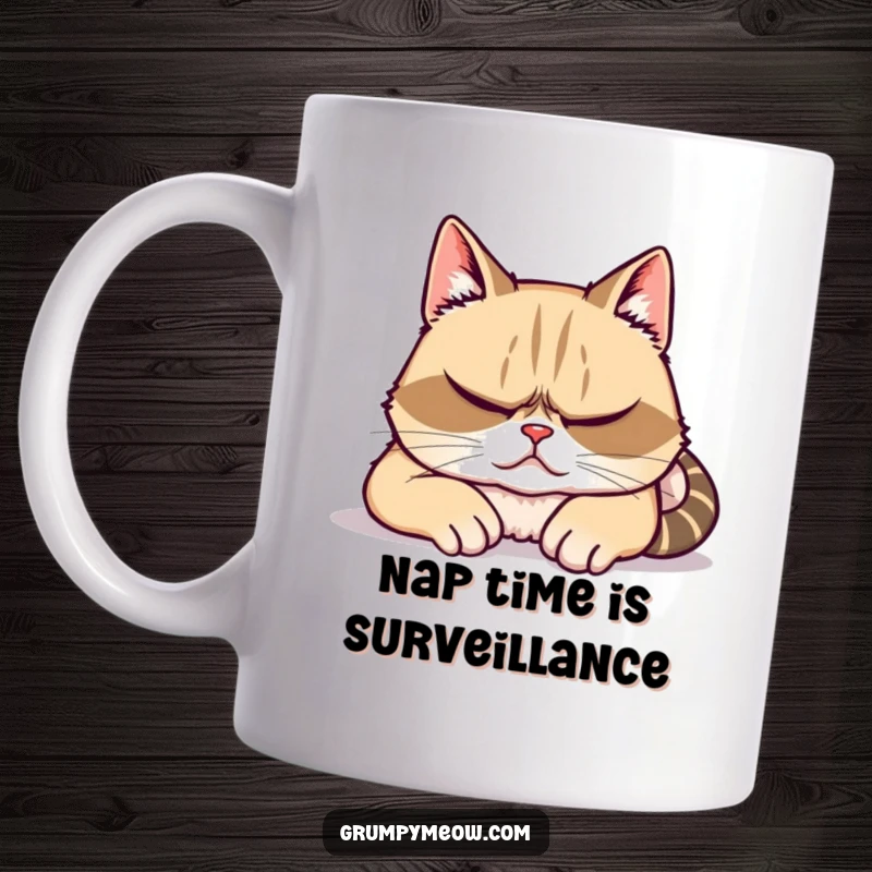 Funny mug: A grumpy cat feigns deep sleep, but its eyes are slightly open, secretly watching everything around it.
