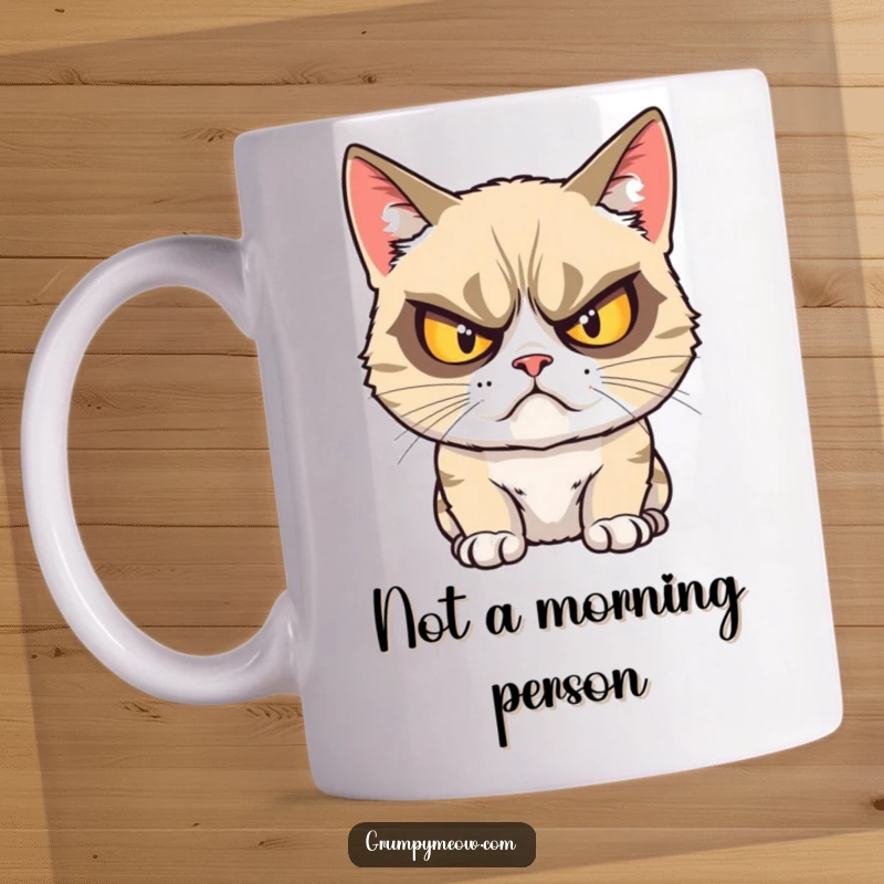 Funny grumpy cat mug featuring a feline glaring intensely with comically crossed eyes, expressing pure annoyance.