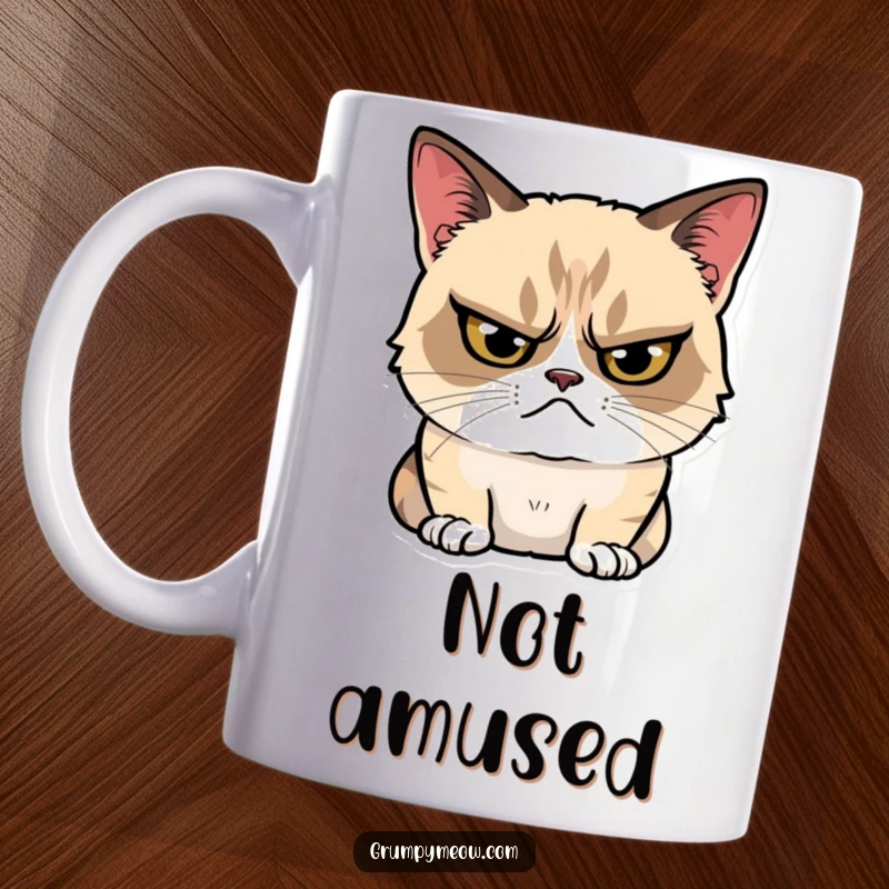 Funny Mug of a grumpy cat glaring intensely but with a barely noticeable, tiny smile hinting at amusement, the epitome of subtle humor.