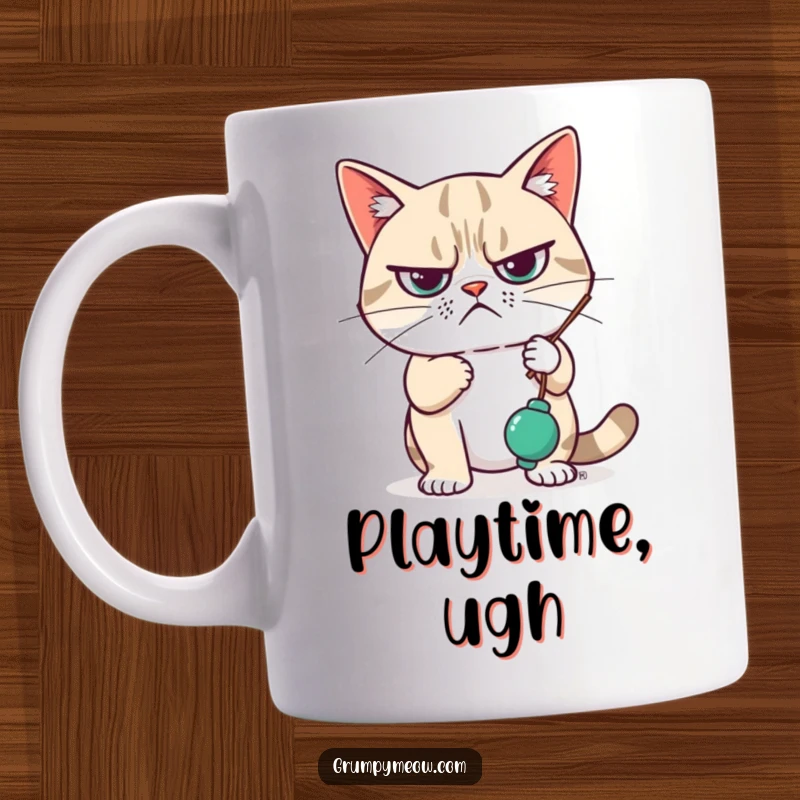 Funny Mug featuring a grumpy cat looking utterly unimpressed while lazily swatting at a dangling toy, capturing feline apathy.