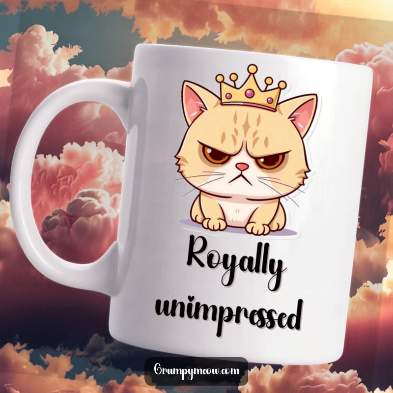 Funny mug showing a grumpy cat wearing a tiny crown, looking thoroughly annoyed, embodying regal displeasure and humorous royalty.