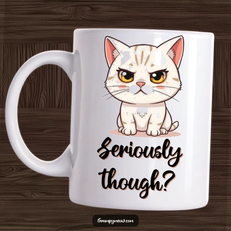 Funny mug with a skeptical cat raising one eyebrow, observing a peculiar situation with humorous doubt and judgment.