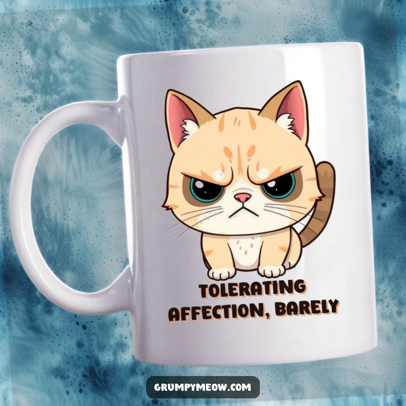 Funny mug: A grumpy cat with a subtle twitch reluctantly accepts a head scratch, showing humorous cat affection.