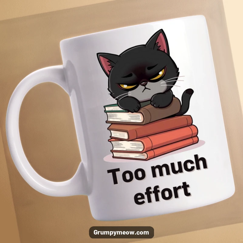 Funny mug with a scowling black cat attempting to nap on a pile of precarious books, showcasing chaotic balance.