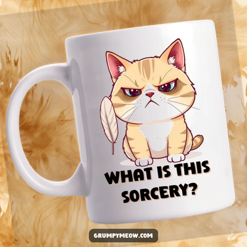 Funny Grumpy Cat Mug: A grumpy cat looks utterly bewildered by a small, fluttering feather.