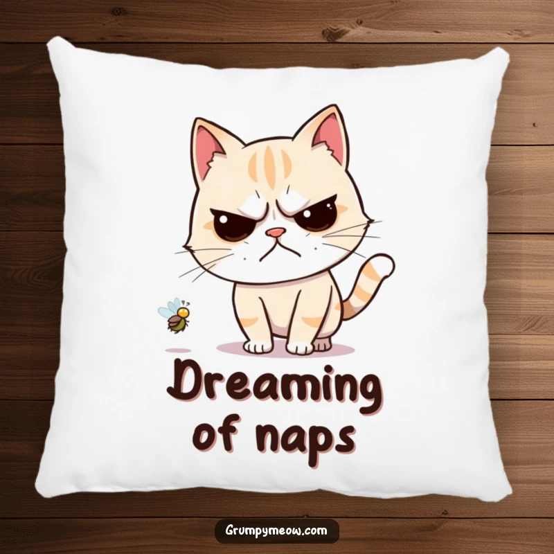 Funny pillow with a grumpy cat reluctantly chasing a buzzing fly, showcasing its forced effort for humorous decor.