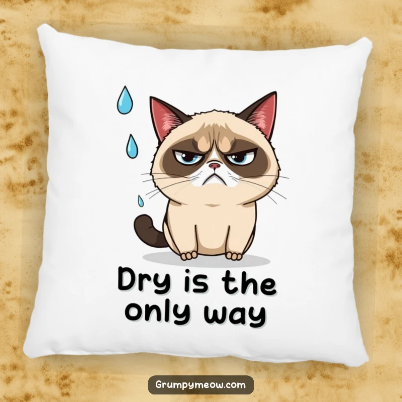 Funny plush pillow featuring a grumpy cat narrowly dodging a raindrop with an annoyed sigh, a soft funny gift.