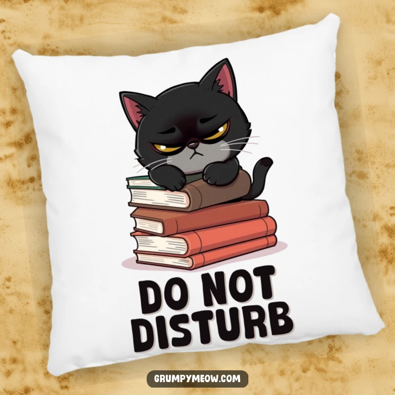 Funny pillow with a scowling black cat attempting to nap on precarious books, perfect for cozy, humorous decor.
