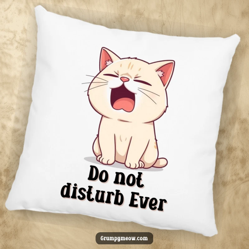 Funny pillow with a bored cat yawning widely, a sarcastic twinkle in its eye, adding humorous decor to any space.