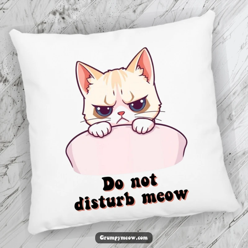 Funny decorative pillow with a grumpy cat peeking over a cushion, its expression a mix of reluctance and mild interest.
