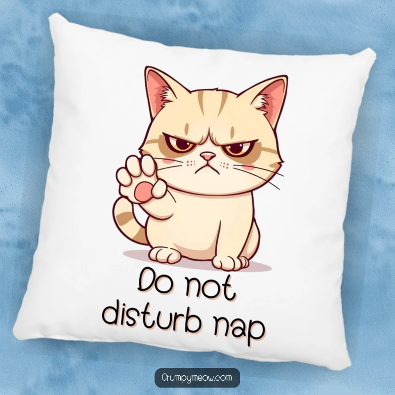 Funny pillow featuring a grumpy cat with its paw out, offering a humorous message of 'do not disturb'.