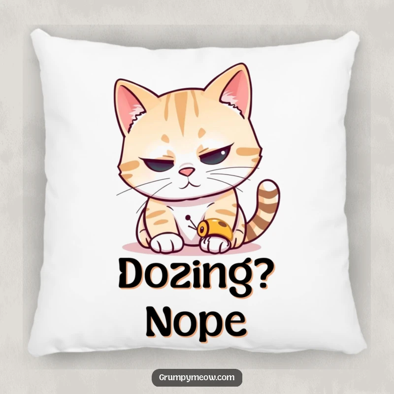 Funny cat pillow with a depiction of a cat squinting its eyes, peering intently at a tiny insect, embodying a hunter's gaze.