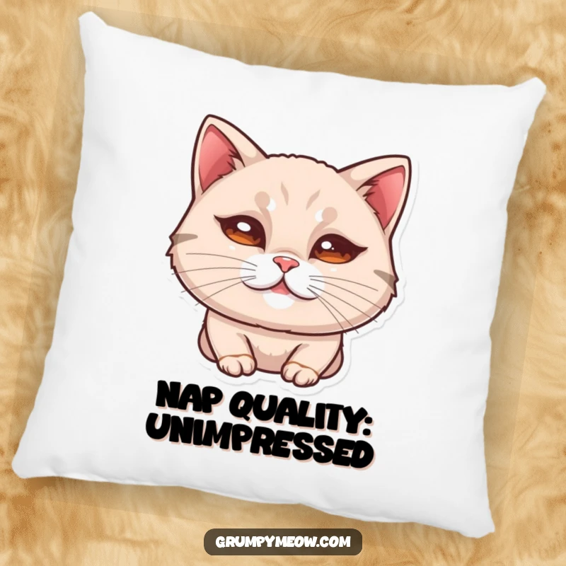 Funny pillow featuring a cat's curled lip, conveying a subtle, unimpressed look with humorous comfort and style.