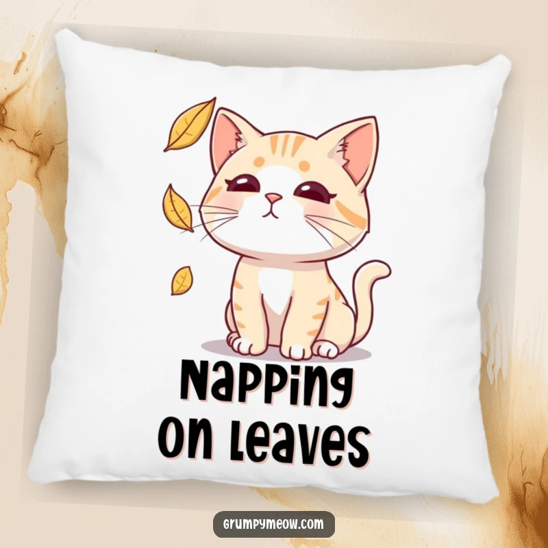 Funny pillow featuring a deadpan cat intently trying to catch a falling leaf, offering comfort and a dose of sarcastic humor.