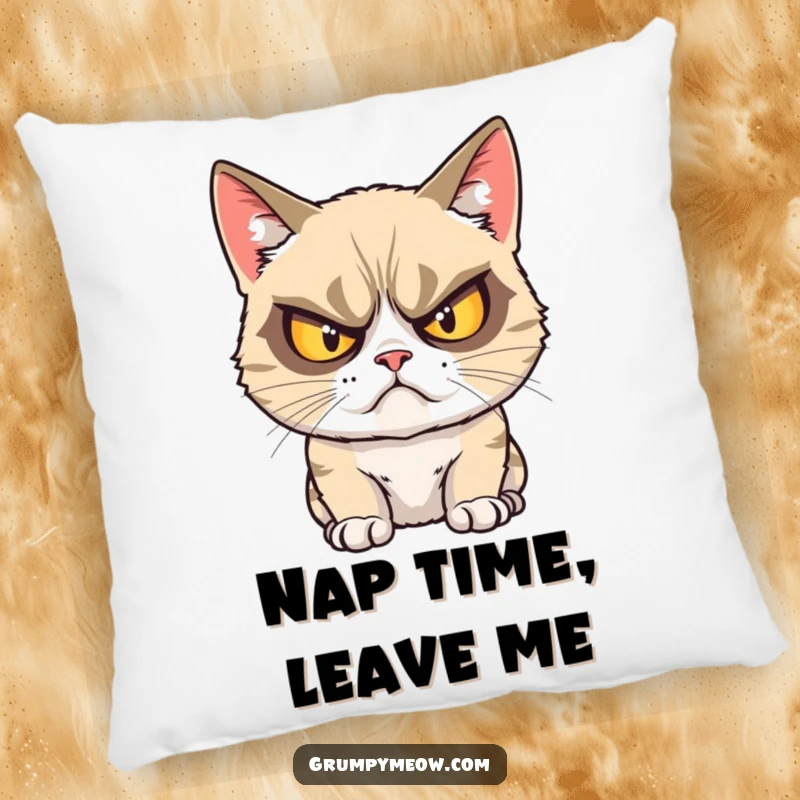 Funny grumpy cat pillow featuring a cat glaring with comically crossed eyes, adding a touch of humor.