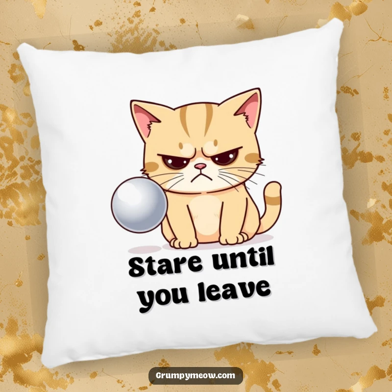 Funny pillow showcasing a grumpy cat with narrowed eyes, staring disapprovingly at a shiny ball, perfect for cozy humor.