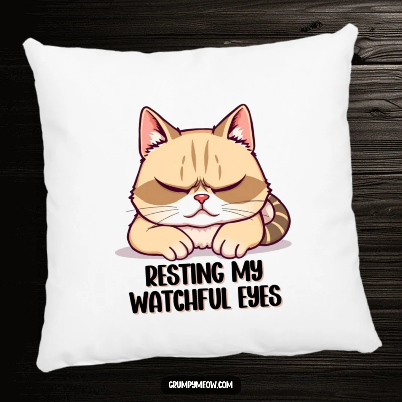 Funny pillow featuring a grumpy cat pretending to sleep with slightly open eyes, perfect for humorous, cozy decor.