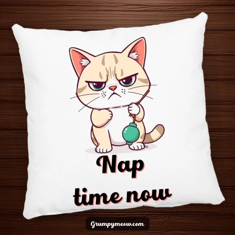 Funny Pillow featuring a grumpy cat looking unimpressed, with a paw idly swatting a dangling toy, offering soft comfort and relatable humor.
