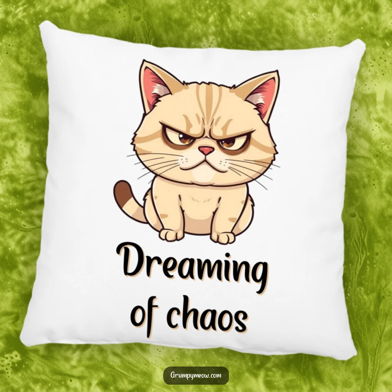 Funny pillow featuring a grumpy cat with narrowed eyes, captured while plotting mischief with a look of intense concentration.