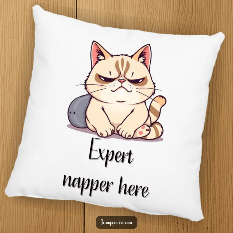 Funny pillow featuring a grumpy cat dramatically sighing while lounging lazily, perfect for expressing comfort and relatable exhaustion.