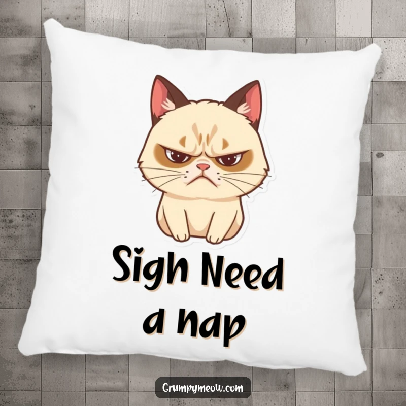 Funny grumpy cat pillow showing a dramatic sigh with a frown, providing comfort and humorous expression.