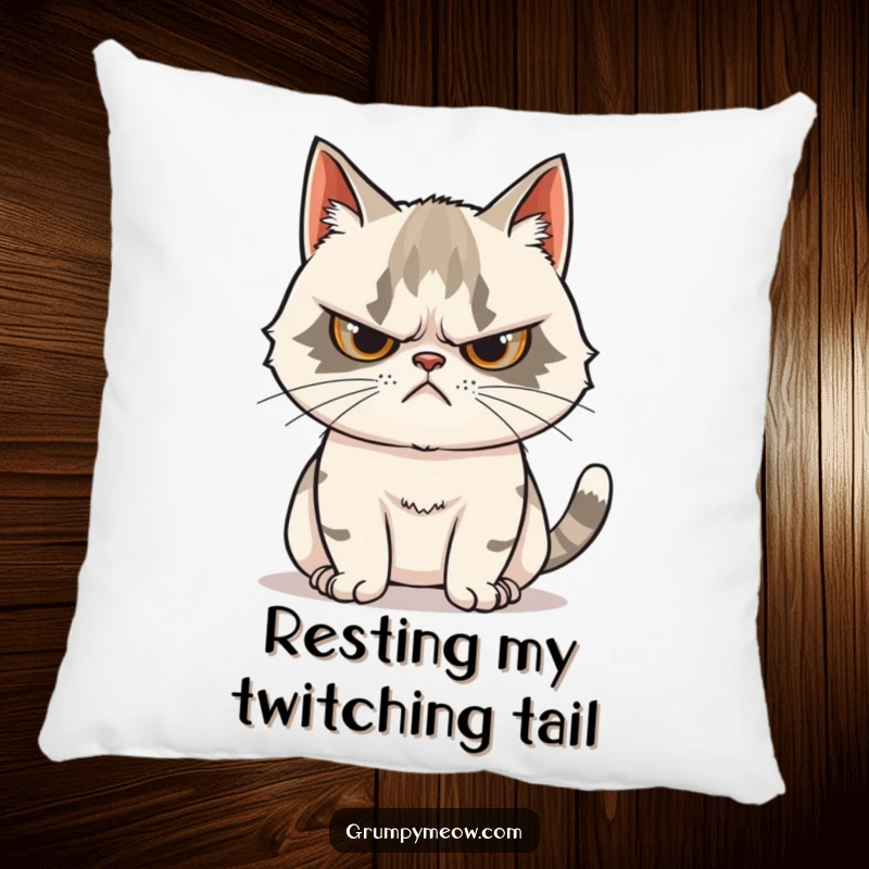 Funny Grumpy Cat Pillow: Soft and decorative, featuring a grumpy cat with a scowl and a tail full of curiosity.