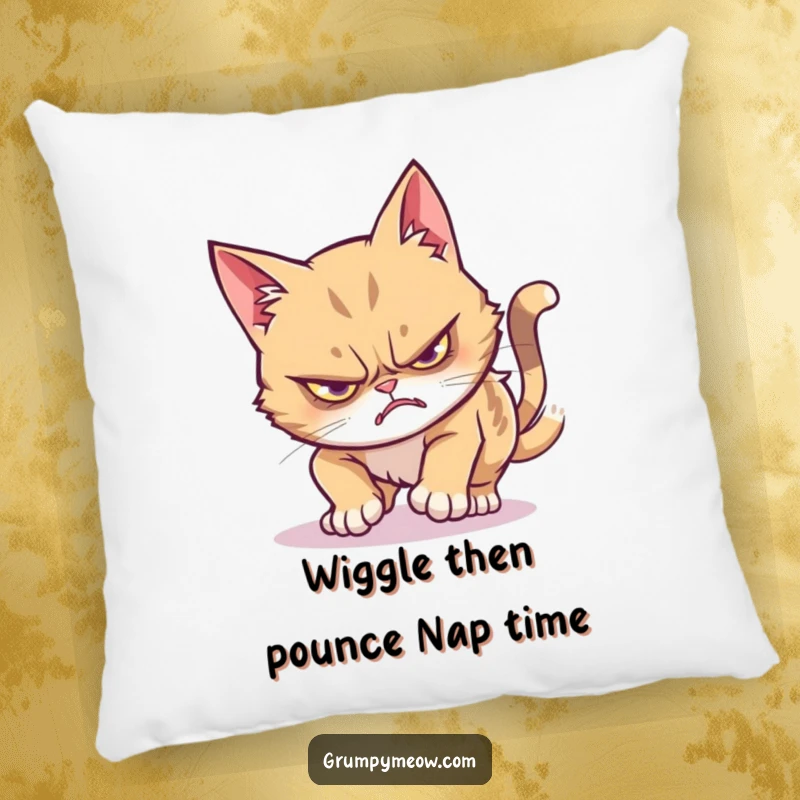 Funny grumpy cat pillow featuring a stealthy pounce ending in a comical wiggle, providing comfort and humor.
