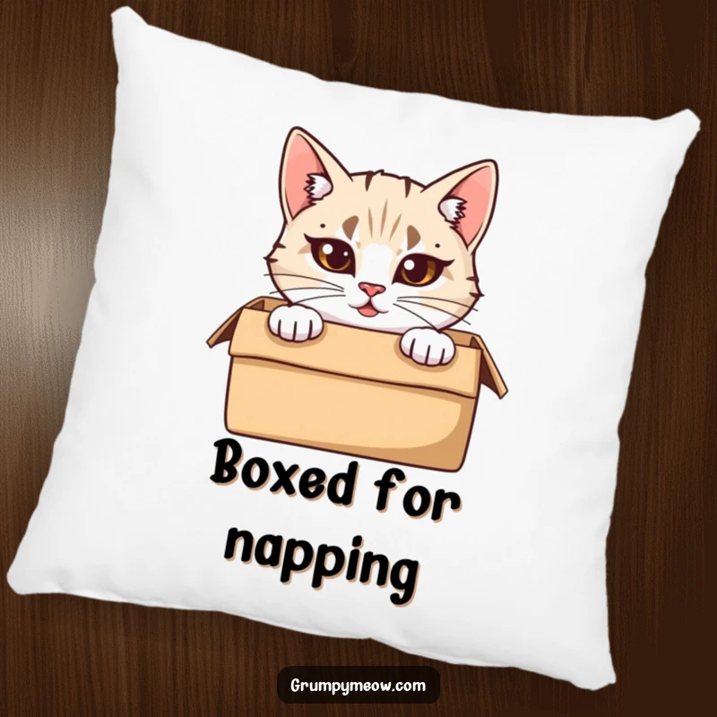 Funny Pillow: A cat with furrowed brows peeks from a cardboard box, adding a humorous and comfortable touch to any room.