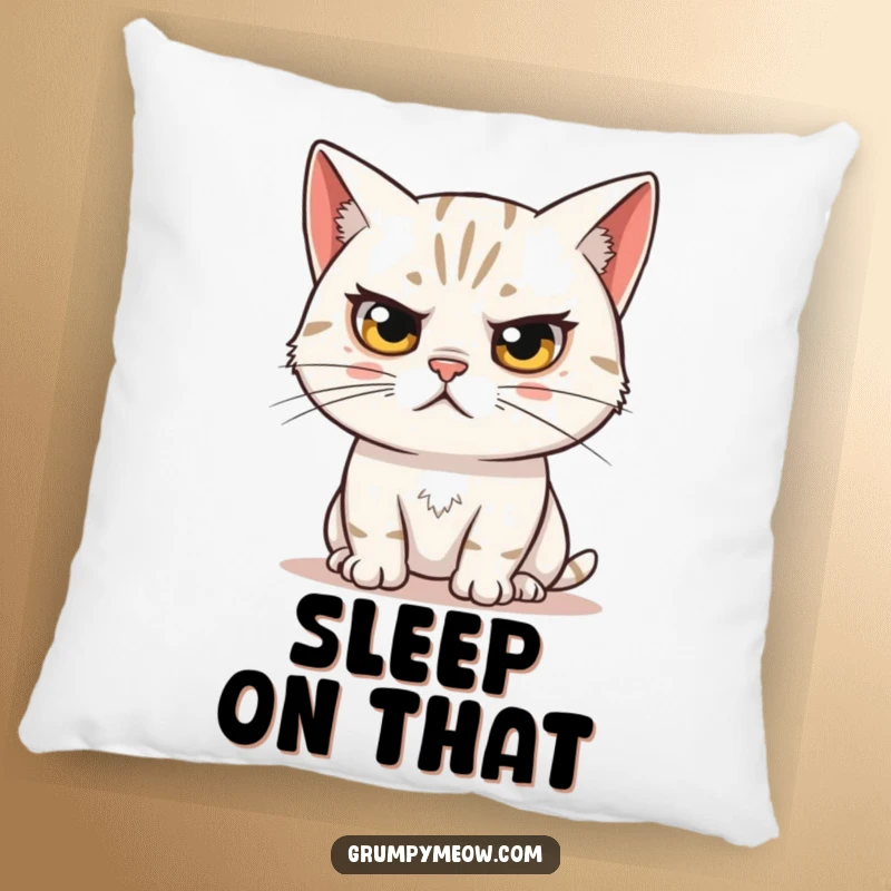 Funny pillow with a skeptical cat's raised eyebrow, observing humorously, perfect for adding witty decor to any room.
