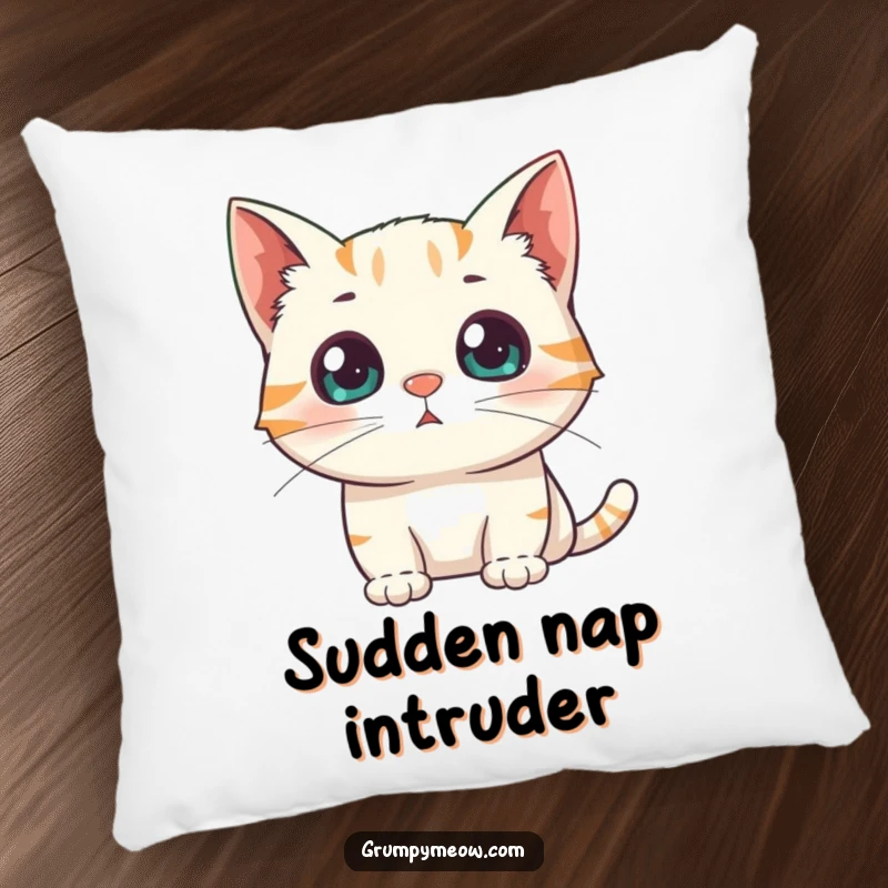Funny Pillow: A cat with dilated pupils stares wide-eyed in surprise at a sudden appearance, a comfy shock collector.