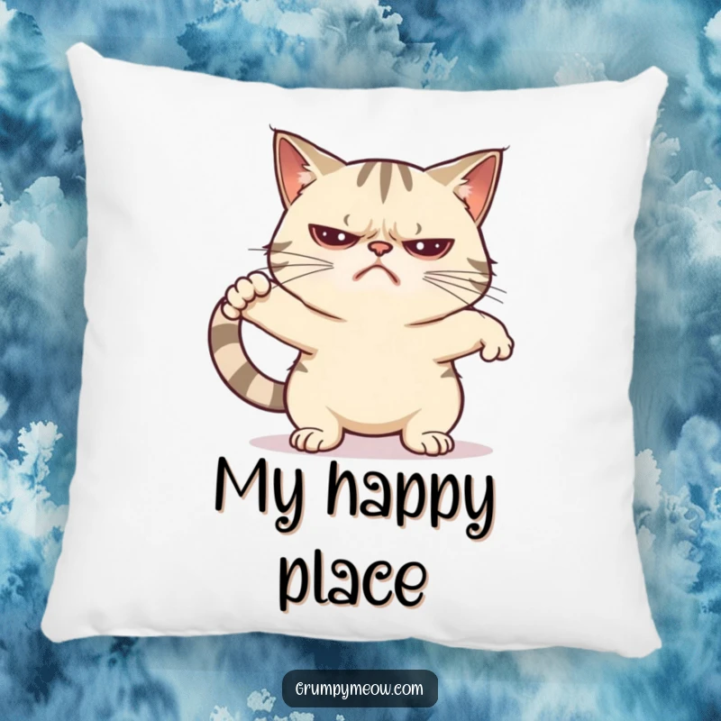 Funny grumpy cat pillow showing a reluctant feline in a very unenthusiastic stretch, perfect for adding humor to decor.