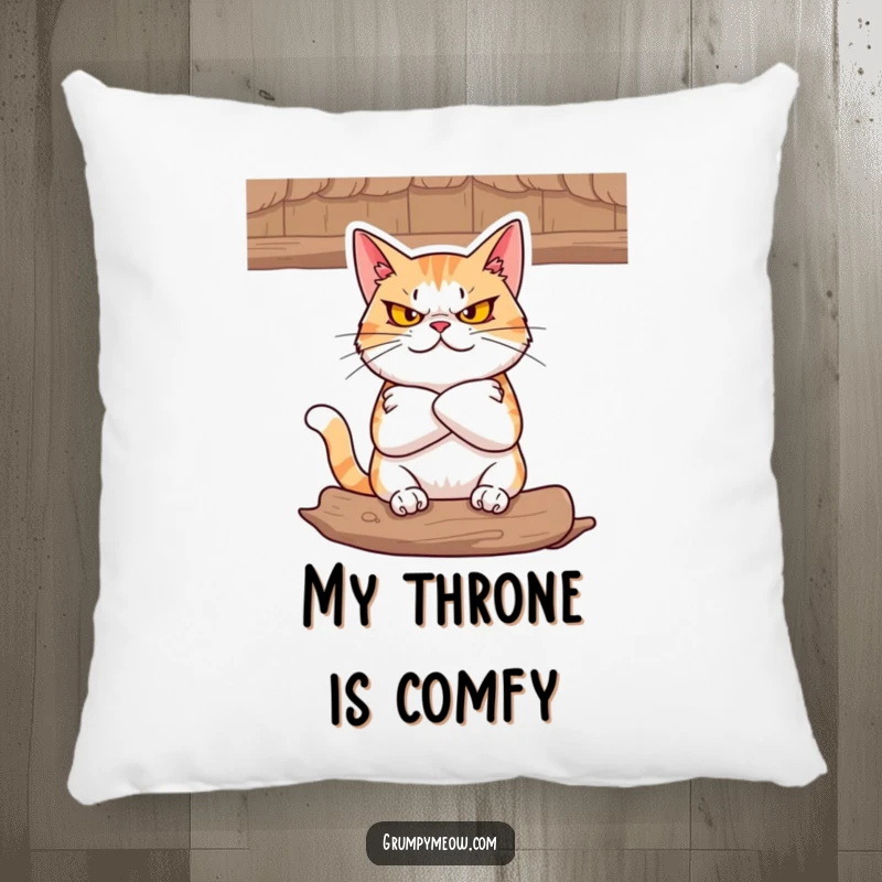 Funny Pillow: A cat with folded arms glares defiantly from a cozy perch, a plush symbol of unwavering feline attitude.