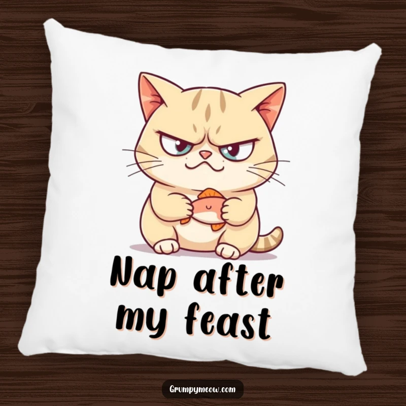 Funny pillow featuring a grumpy cat with a smirk holding a tiny fish, offering cozy feline humor.