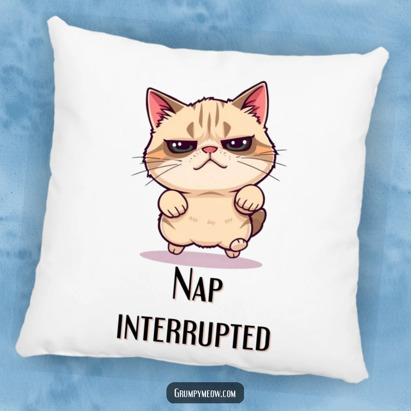 Funny grumpy cat pillow, mid-leap with surprising energy, embodying hidden power, a comfortable and funny gift.