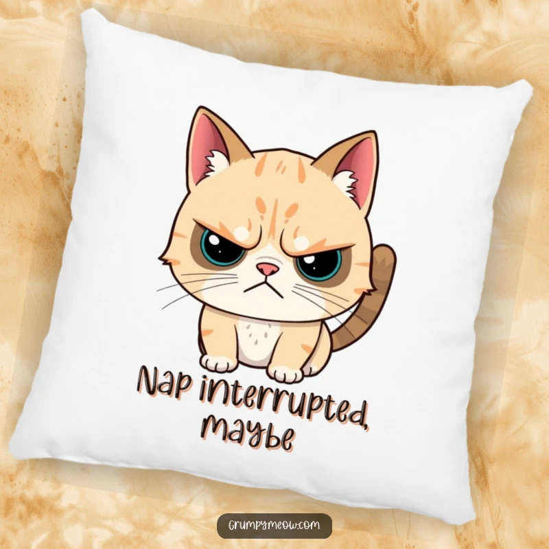 Funny pillow featuring a grumpy cat with a noticeable twitch during a head scratch, offering comfort and a humorous visual.