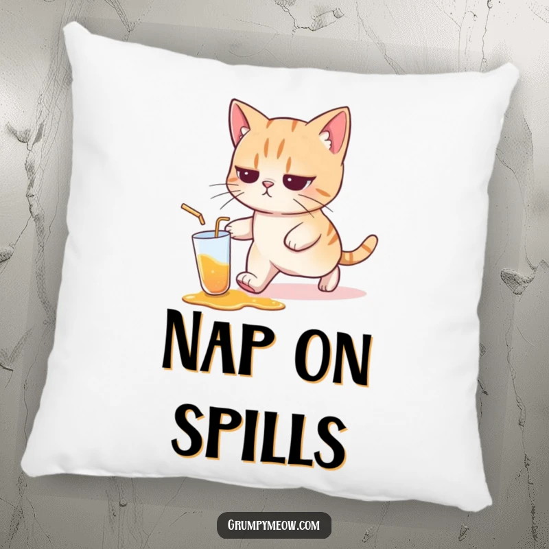 Funny cat pillow with a depiction of a cat with a resigned expression, walking away from a spilled drink, embodying acceptance and humor.