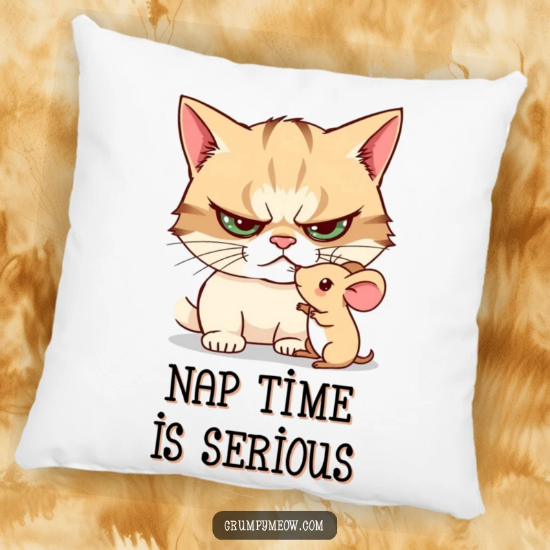 Funny pillow featuring a grumpy cat curiously poking a toy mouse, highlighting its focused, yet amusing, investigative behavior.