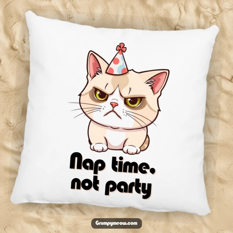 Funny pillow featuring a grumpy cat humorously adorned with a tiny, askew party hat, for ultimate comfort.