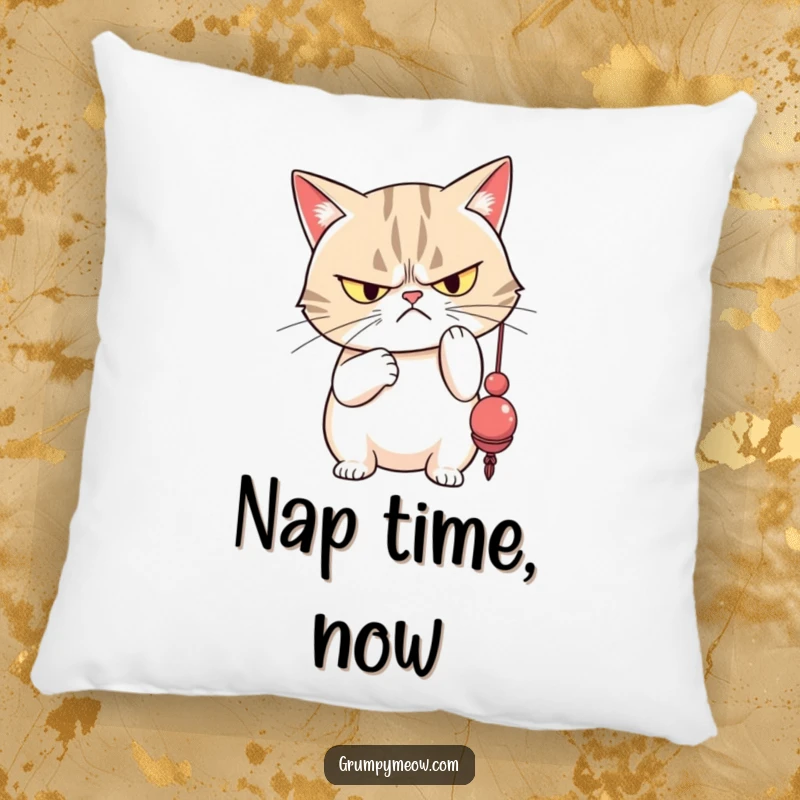 Funny grumpy cat with narrowed eyes disdainfully batting a dangling toy, offering soft, sassy comfort.