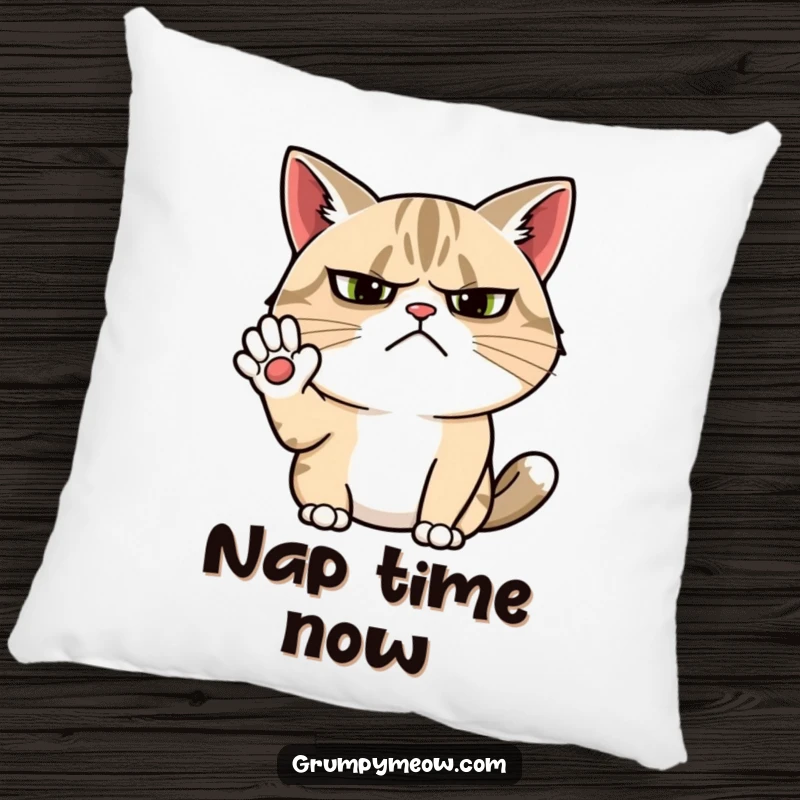 Funny grumpy cat pillow with a cat showing a furrowed brow, making a begrudging attempt at a cheerful wave.